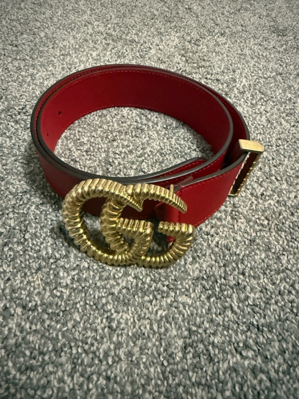 Gucci Red Marmot Leather Belt Gold Double Size 75